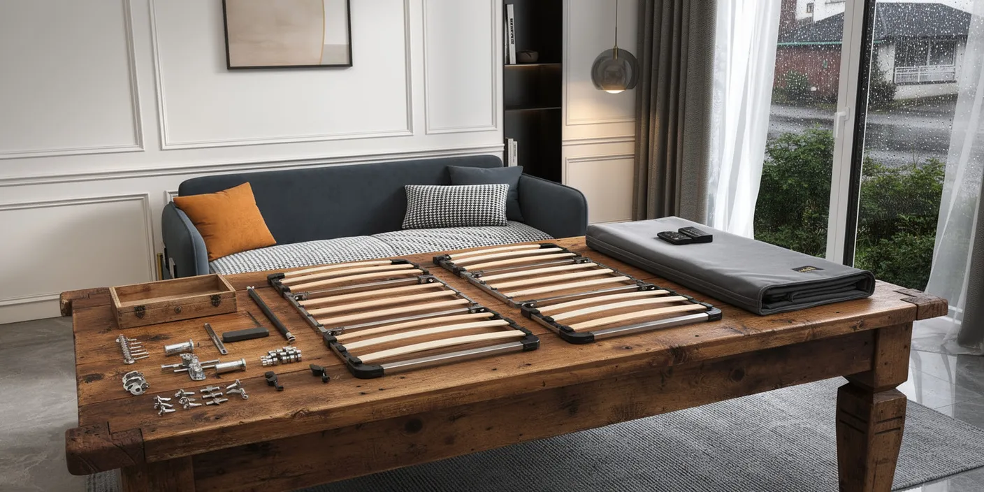 Refaire l’inventaire (coffre, 2 sommiers, 2 articulations GD, matelas, housse, quincaillerie) avant d’assembler.