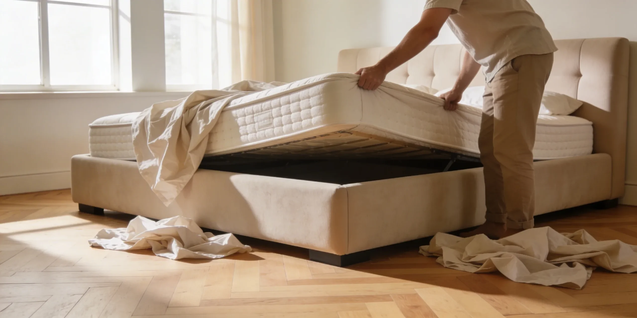 Une personne retire un matelas d'un sommier tapissier dans une chambre, draps froissés, sol en parquet